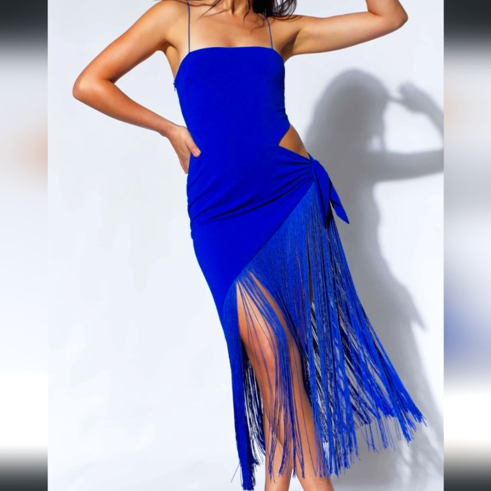 Wrap Over Midi Dress With Fringing - Persian Blue